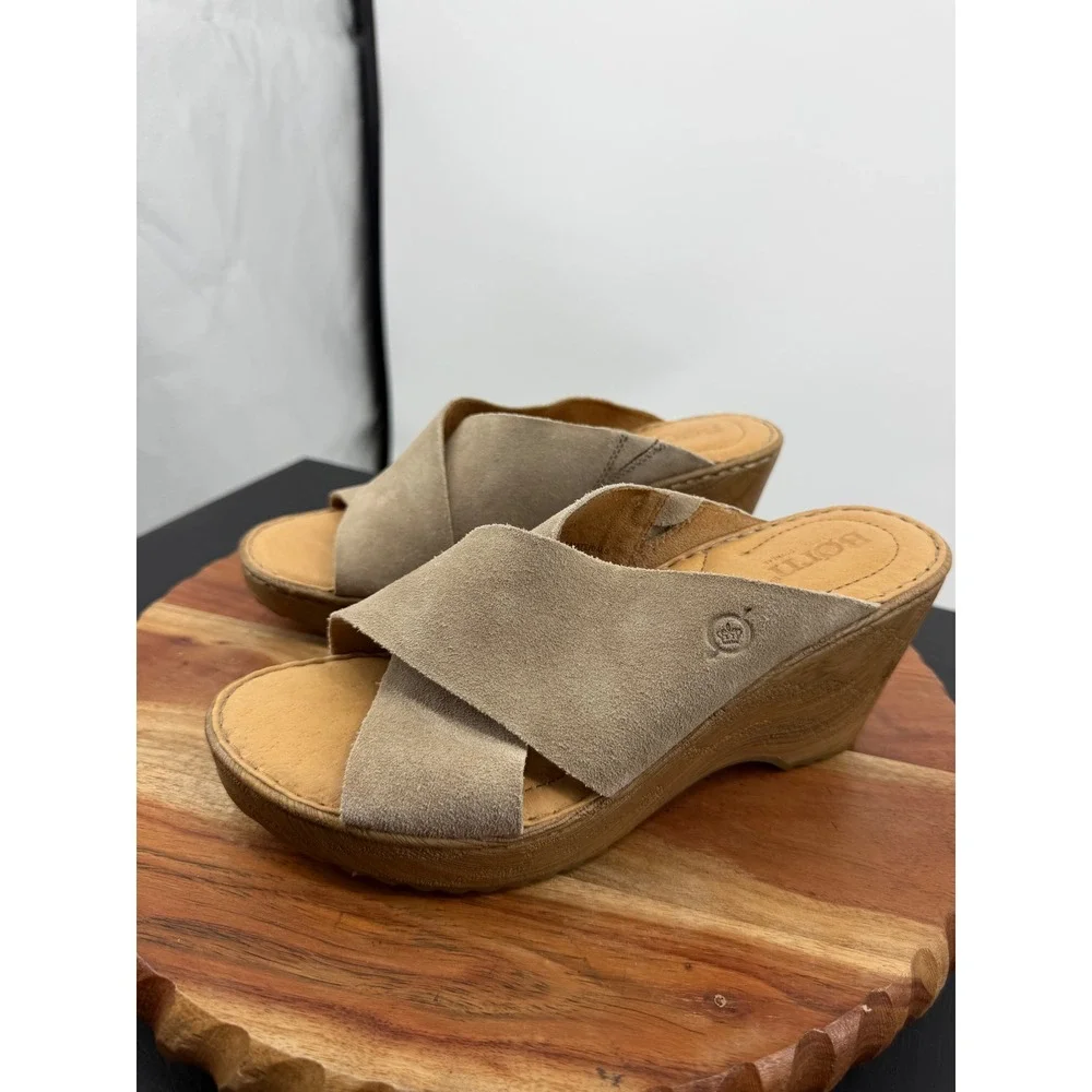 Born Nora Wedge Sandals Womens 7M Taupe Suede Crisscross Slide BR0036179